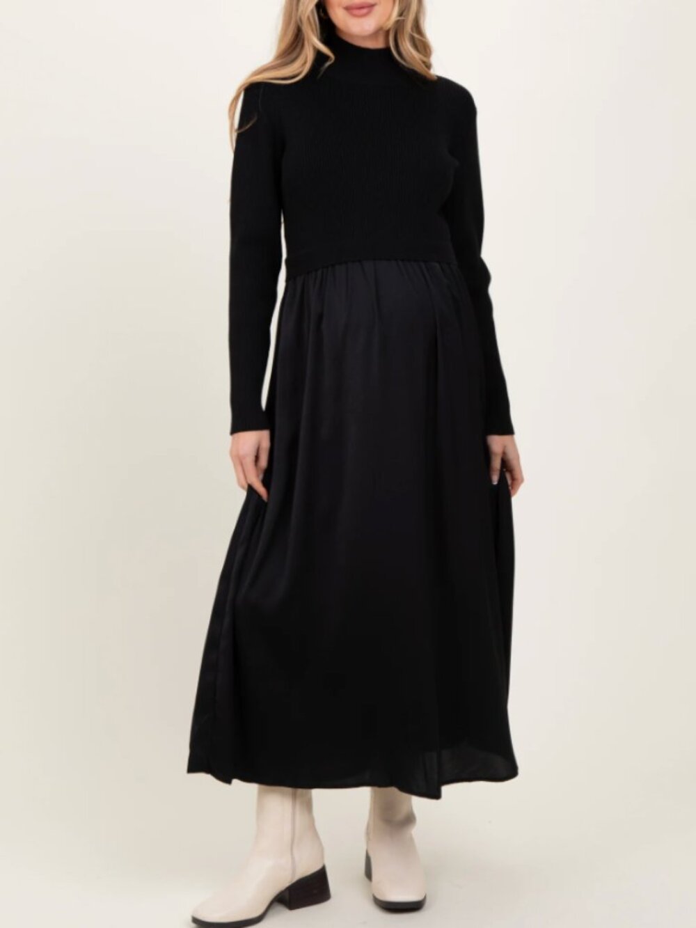 Black Knit Contrast Top Satin Maternity Midi Dress - XL